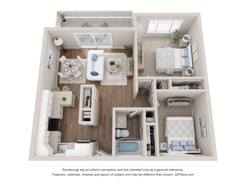 Floor plan for 2 beds, 1 bath, 744 sqft